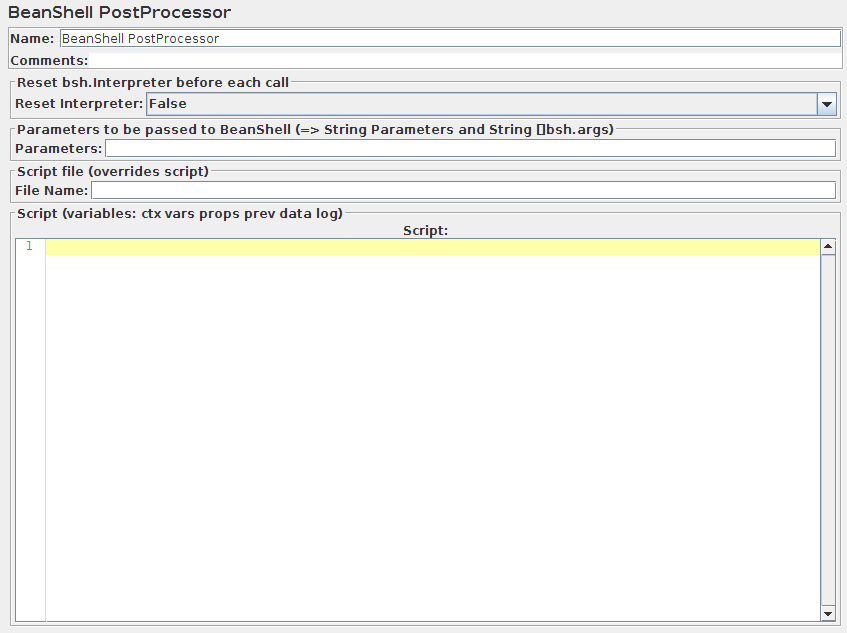 Captura de tela do painel de controle do BeanShell PostProcessor