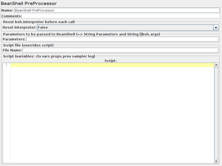 Captura de tela do painel de controle do BeanShell PreProcessor