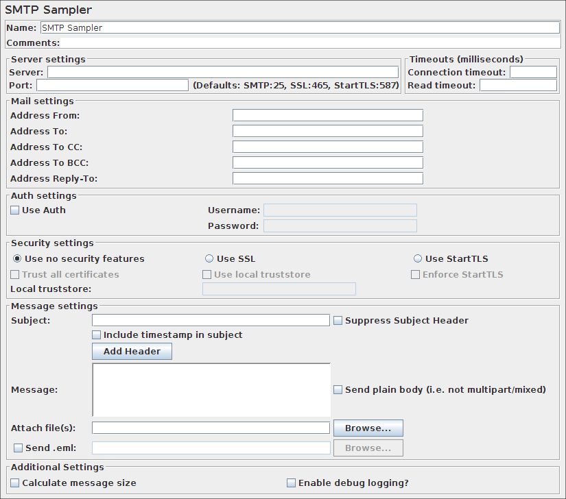 Captura de tela do painel de controle do amostrador SMTP